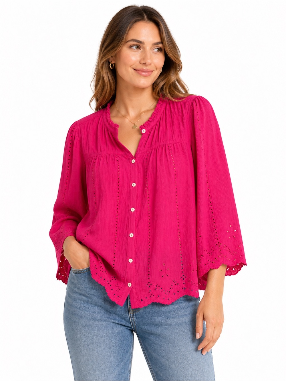 Style & Co. Bright Pink Eyelet Button Down Cotton Blouse XL Boho Coquette